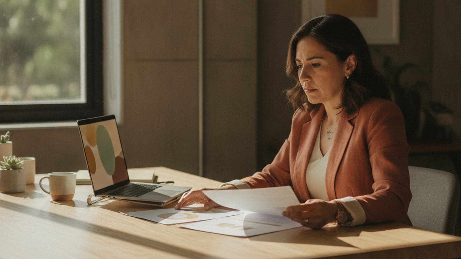 Directora de una pyme B2B revisando a solas reportes impresos de comportamiento de clientes